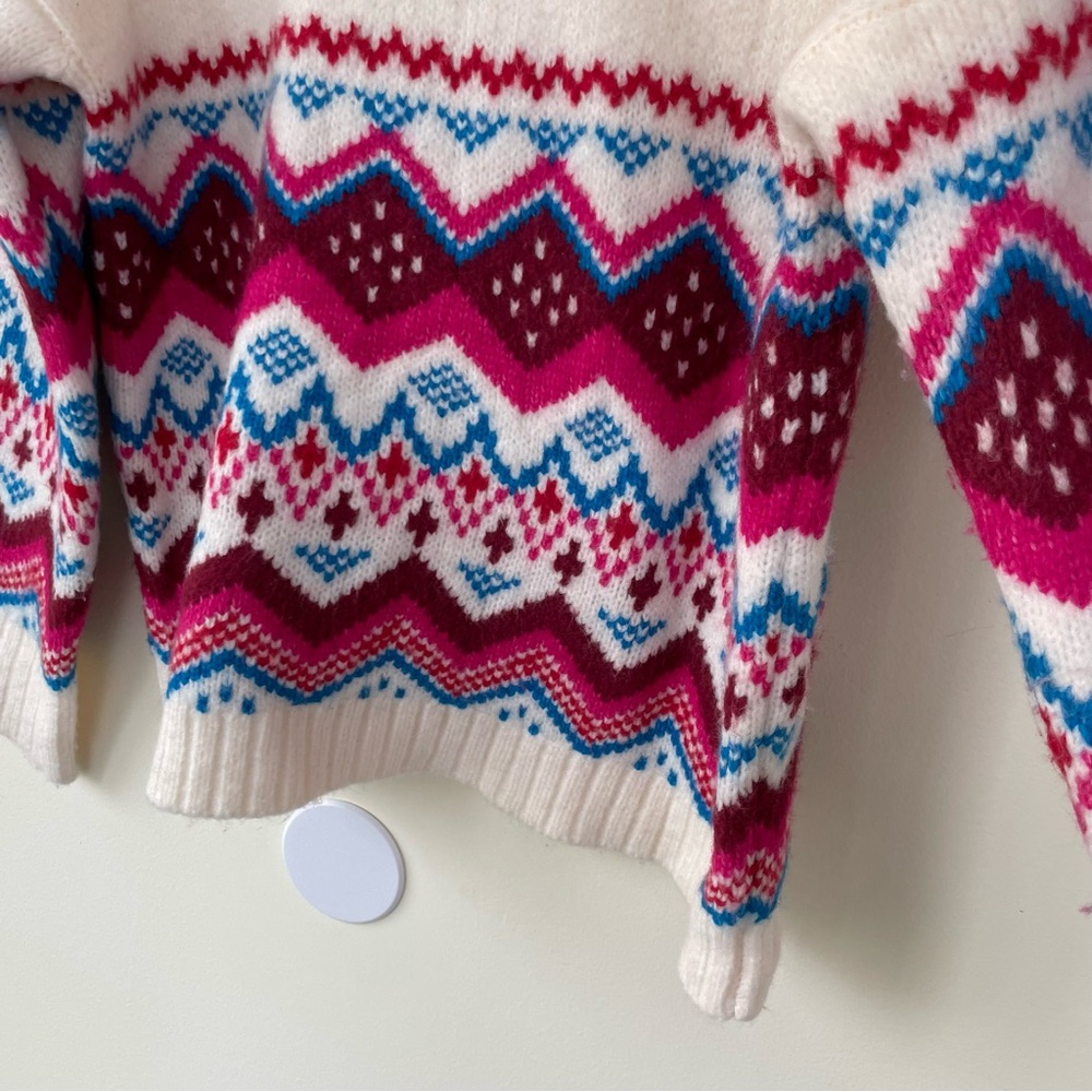 LOFT Whisper White Fair Isle Wide Sleeve Mock Neck Sweater M Medium Pink Blue - Picture 4 of 8